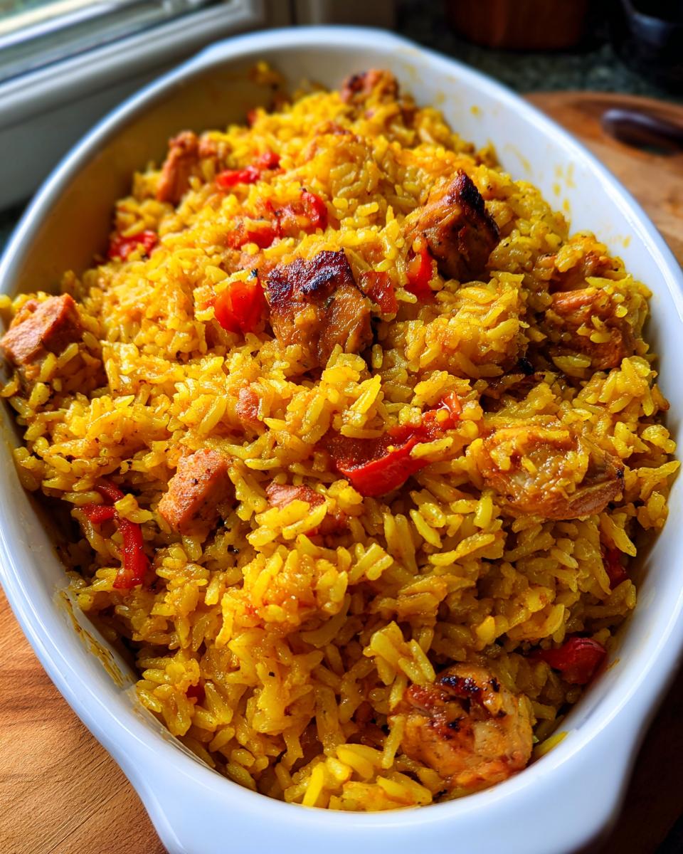 Nahaufnahme von Würziger Ofenreis mit Hähnchen und roten Paprikastücken in einer weißen Auflaufform.