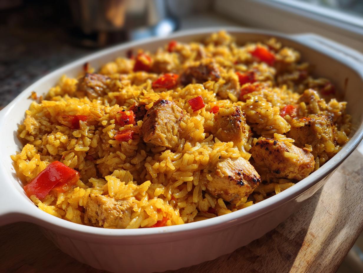 Nahaufnahme von würzigem Ofenreis mit Hähnchen und roten Paprikastücken in einer weißen Auflaufform.