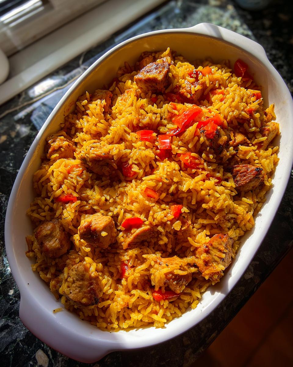 Eine weiße Auflaufform gefüllt mit saftigem Würziger Ofenreis mit Hähnchen und roten Paprikastücken.