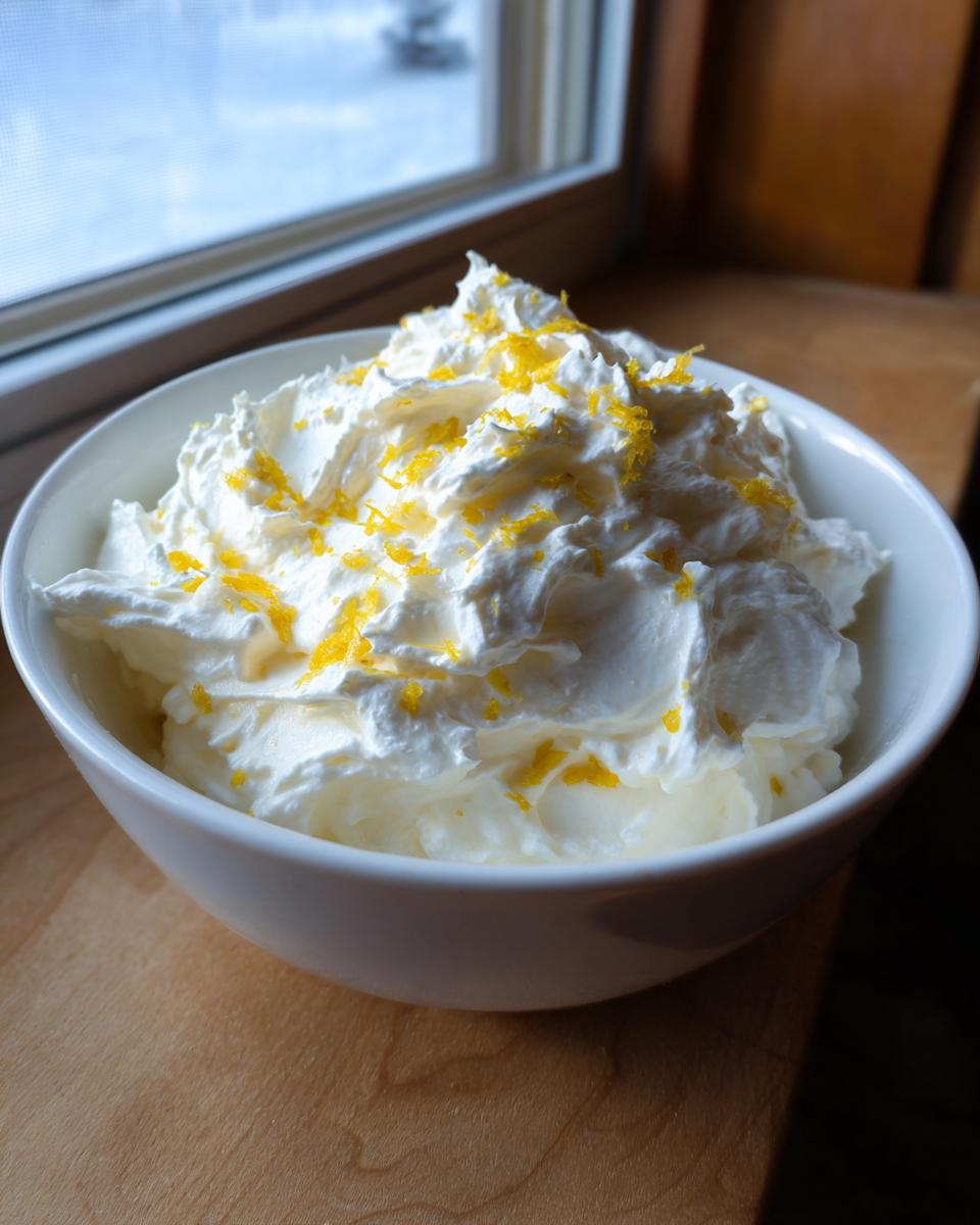 Weiße, fluffige ZAUBERCREME in einer Schüssel, garniert mit leuchtend gelbem Zitronenabrieb.