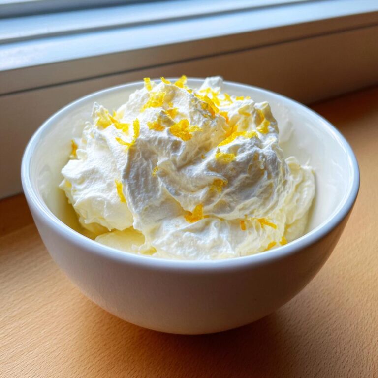 Weiße, fluffige ZAUBERCREME in einer Schale, garniert mit leuchtend gelbem Zitronenabrieb.