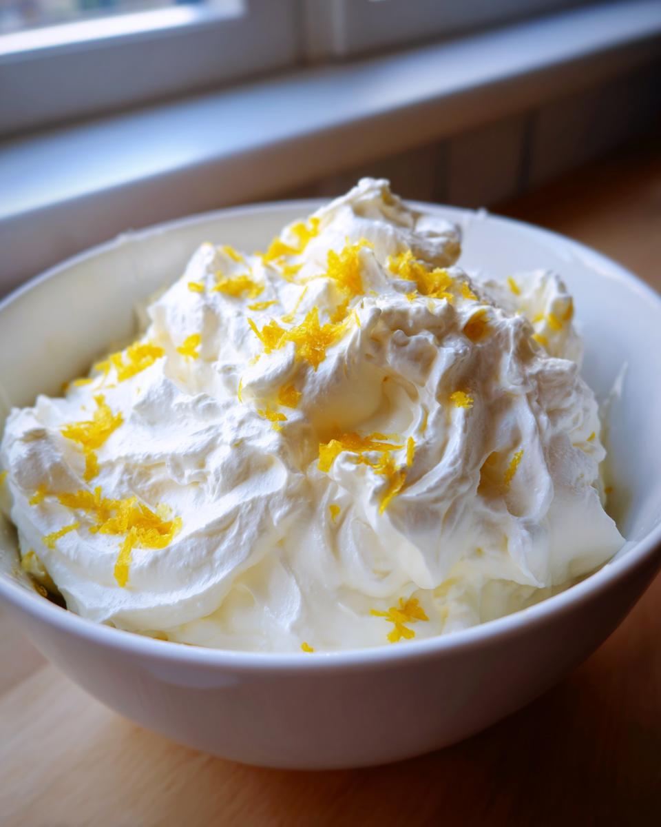 Schüssel mit lockerer, weißer ZAUBERCREME, garniert mit leuchtend gelbem Zitronenabrieb.
