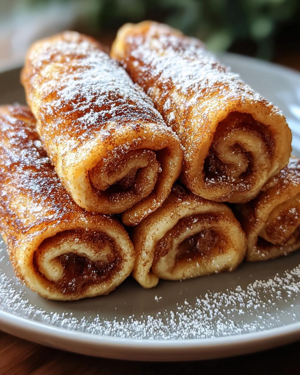 Nahaufnahme von Zimtrollen-Französischer Toast Roll Ups, bestreut mit Puderzucker auf einem grauen Teller.