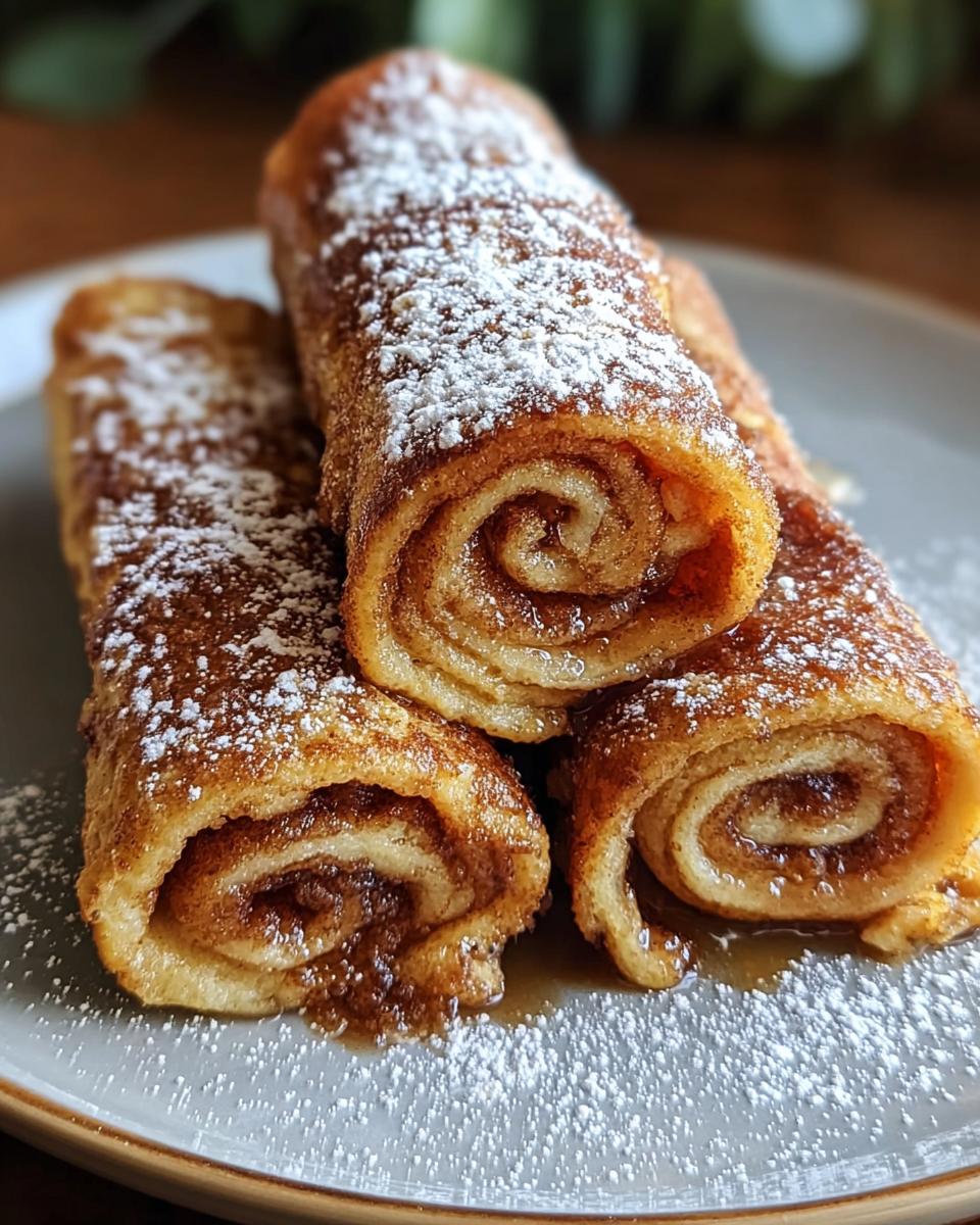 Nahaufnahme von drei Zimtrollen-Französischer Toast Roll Ups, bestäubt mit Puderzucker auf einem Teller.