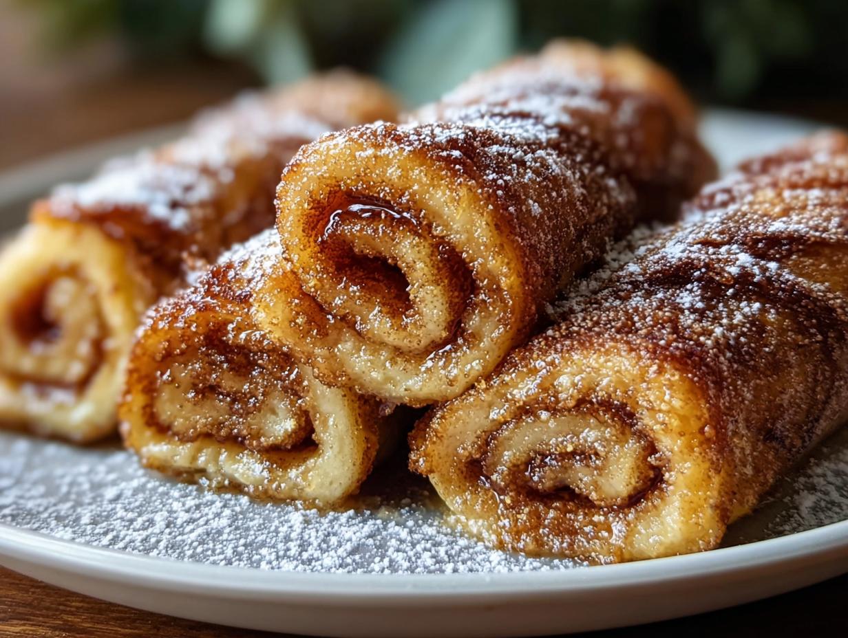 Nahaufnahme von mehreren Zimtrollen-Französischer Toast Roll Ups, bestäubt mit Puderzucker auf einem Teller.