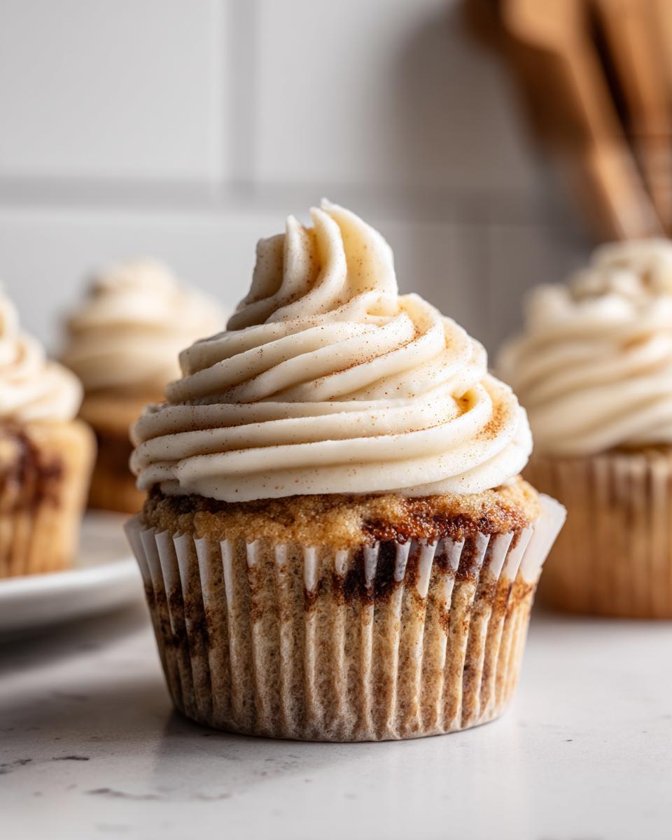 Nahaufnahme eines perfekt gebackenen Zimtschnecken-Cupcakes mit einer hohen Spirale aus Zimt-Frischkäse-Frosting.