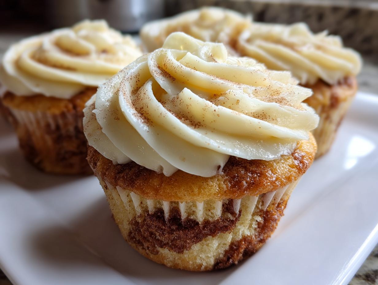 Nahaufnahme von drei Zimtschnecken-Cupcakes mit cremefarbenem Zuckerguss und Zimtstreusel.