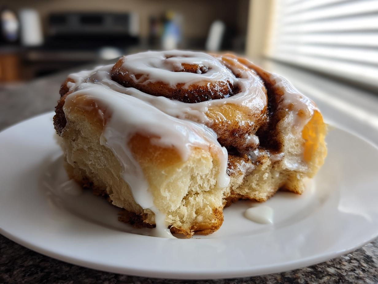 Nahaufnahme einer einzelnen, fluffigen Zimtschnecke mit reichlich weißem Zuckerguss auf einem weißen Teller.