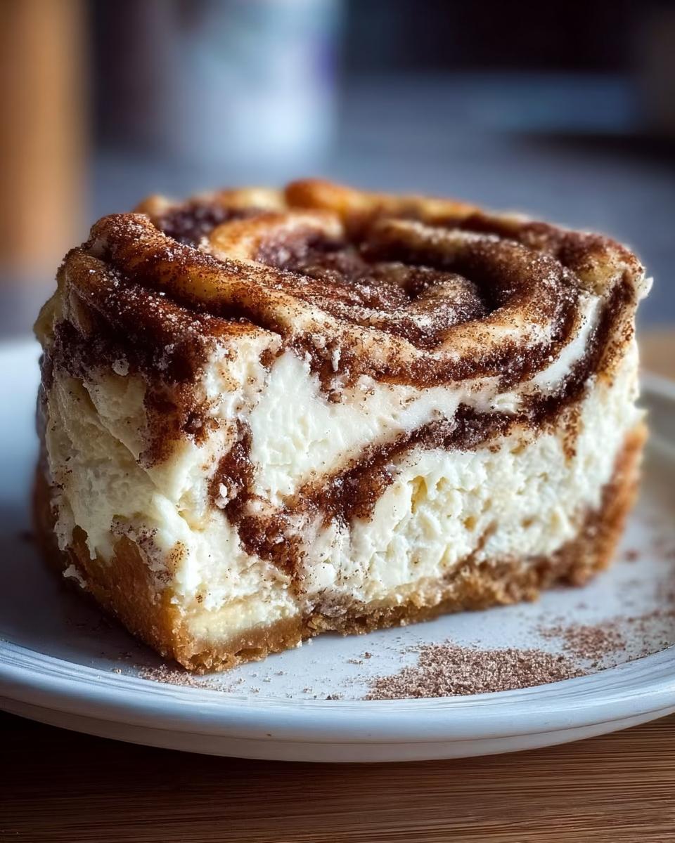 Nahaufnahme eines Stücks Zimtschnecken trifft Käsekuchen mit Zimtwirbeln auf einer weißen Platte.