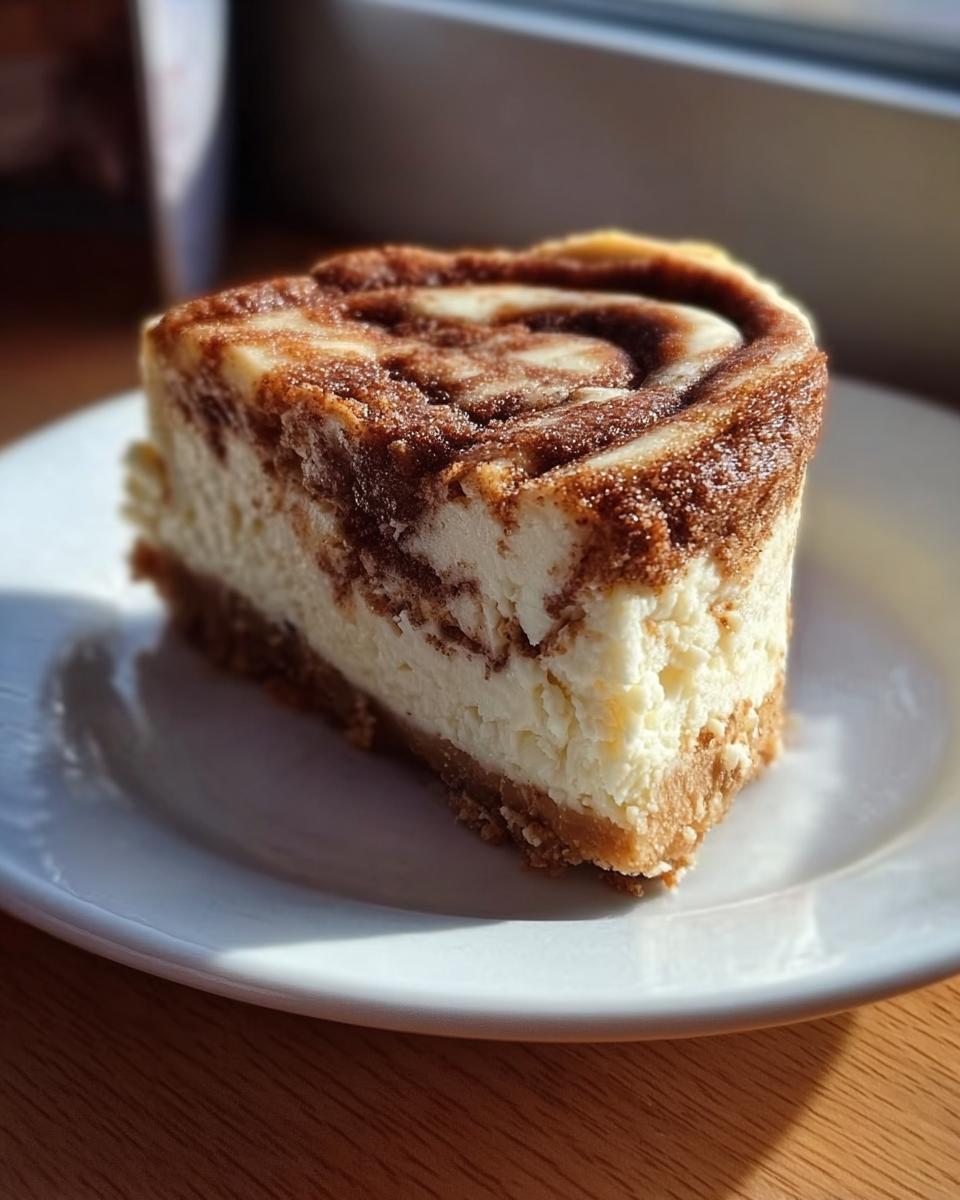 Ein Stück Zimtschnecken trifft Käsekuchen mit Zimtwirbel auf einem weißen Teller, beleuchtet von Sonnenlicht.