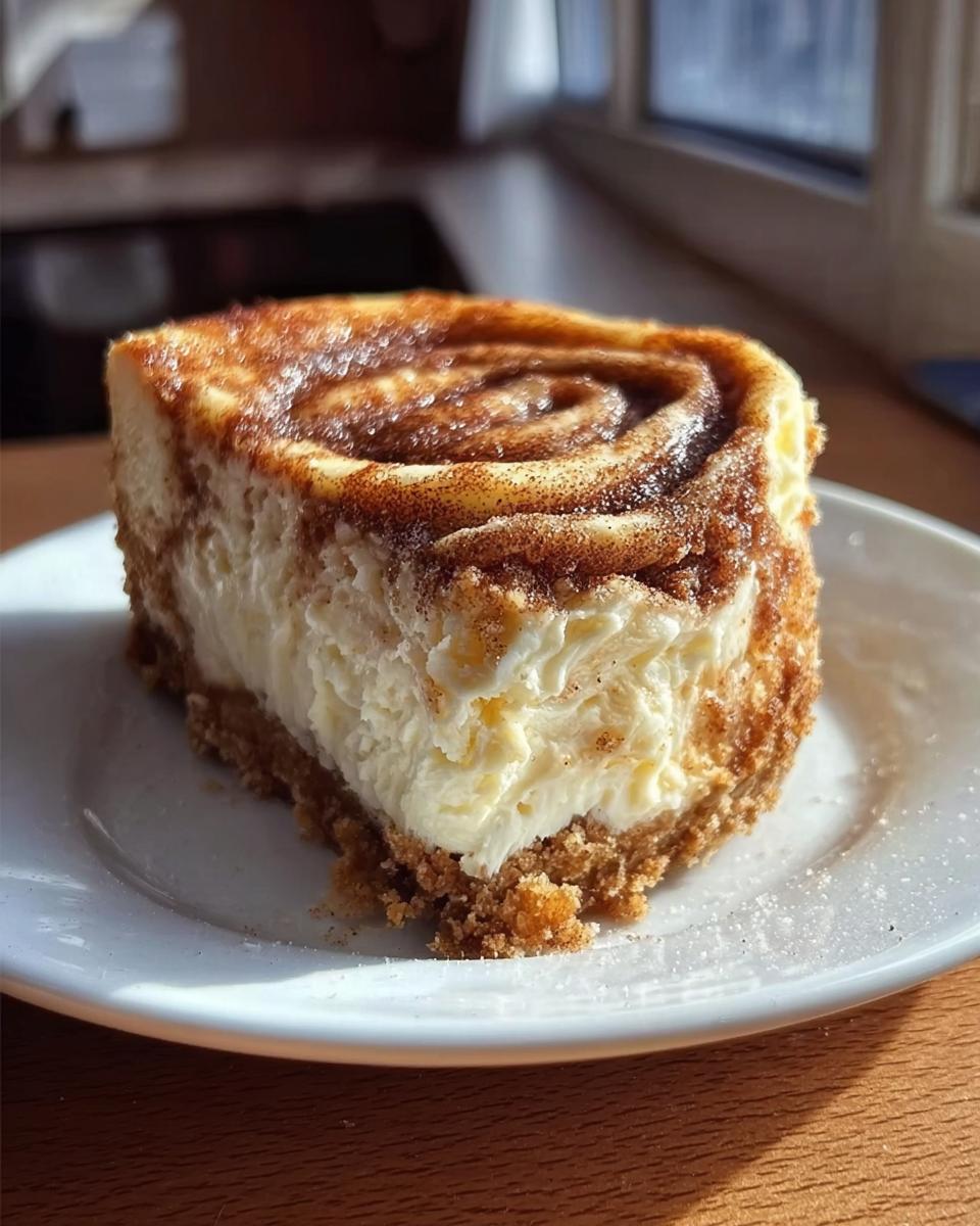 Ein Stück des köstlichen Zimtschnecken trifft Käsekuchen mit cremiger Füllung und Zimtwirbel auf einem weißen Teller.