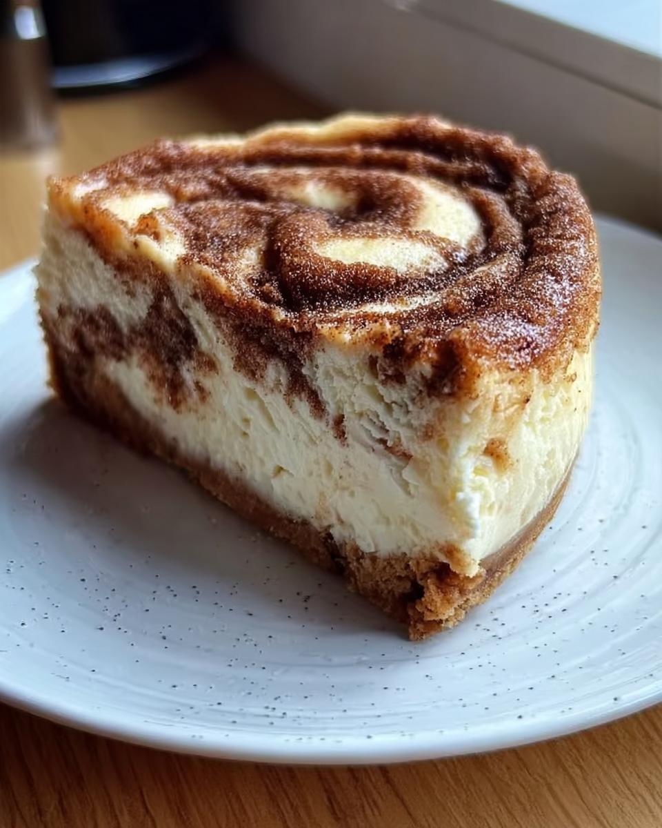 Nahaufnahme eines cremigen Stücks Zimtschnecken trifft Käsekuchen mit Zimtwirbel auf einem weißen, gesprenkelten Teller.
