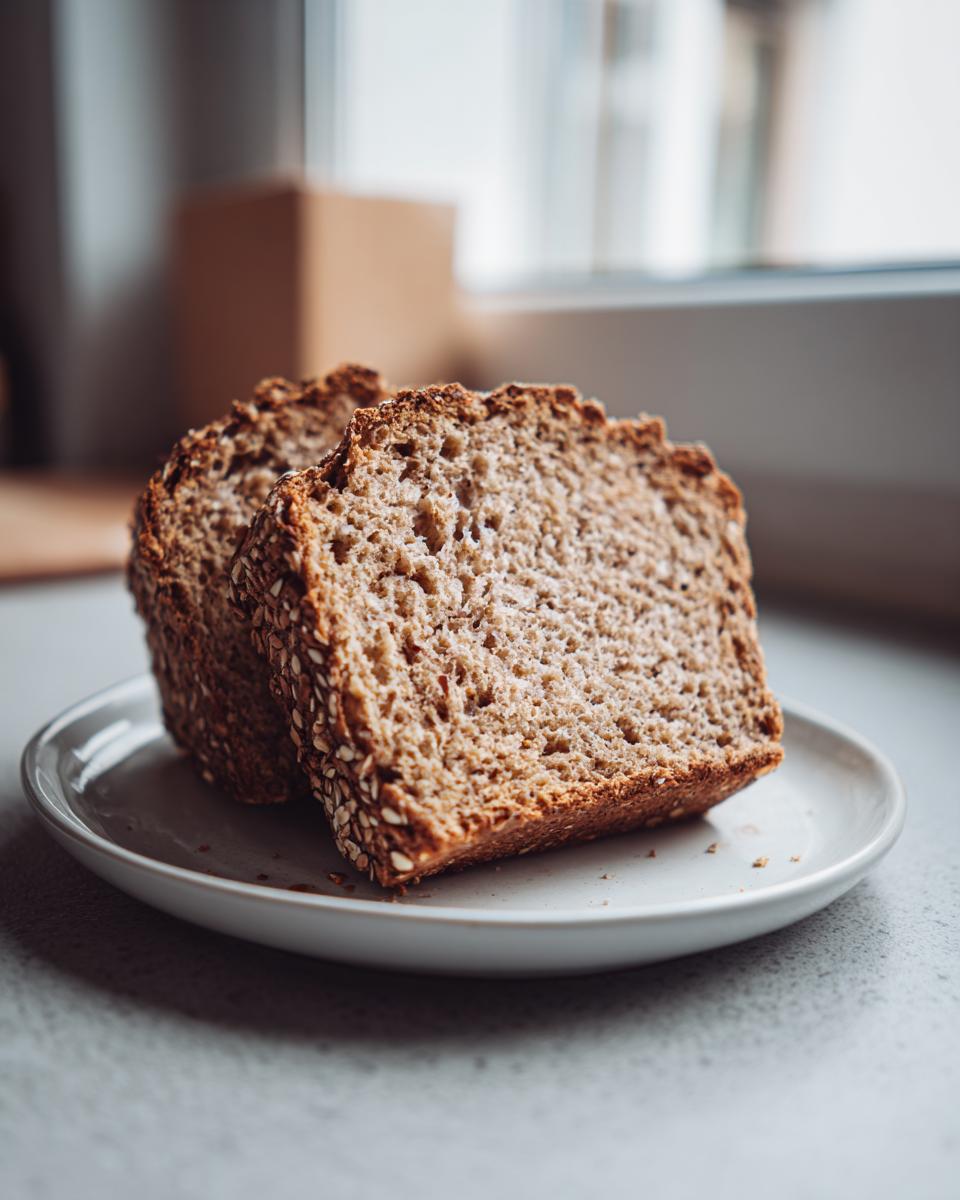 Zwei Scheiben des herzhaften Eiweißbrot der Welt auf einem kleinen grauen Teller.