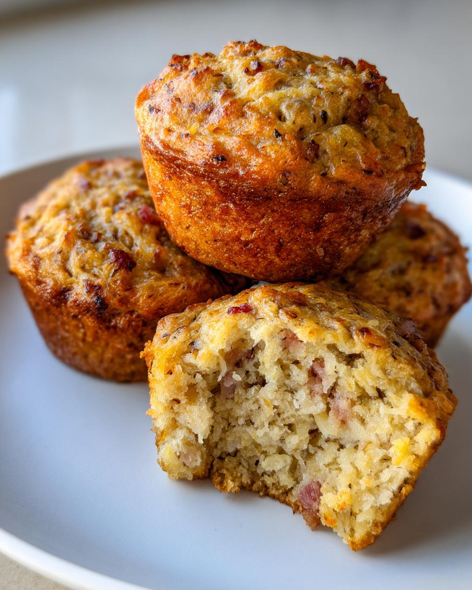 Vier goldbraune Zwiebelkuchen Muffins, einer davon angebissen, um die saftige Füllung zu zeigen.