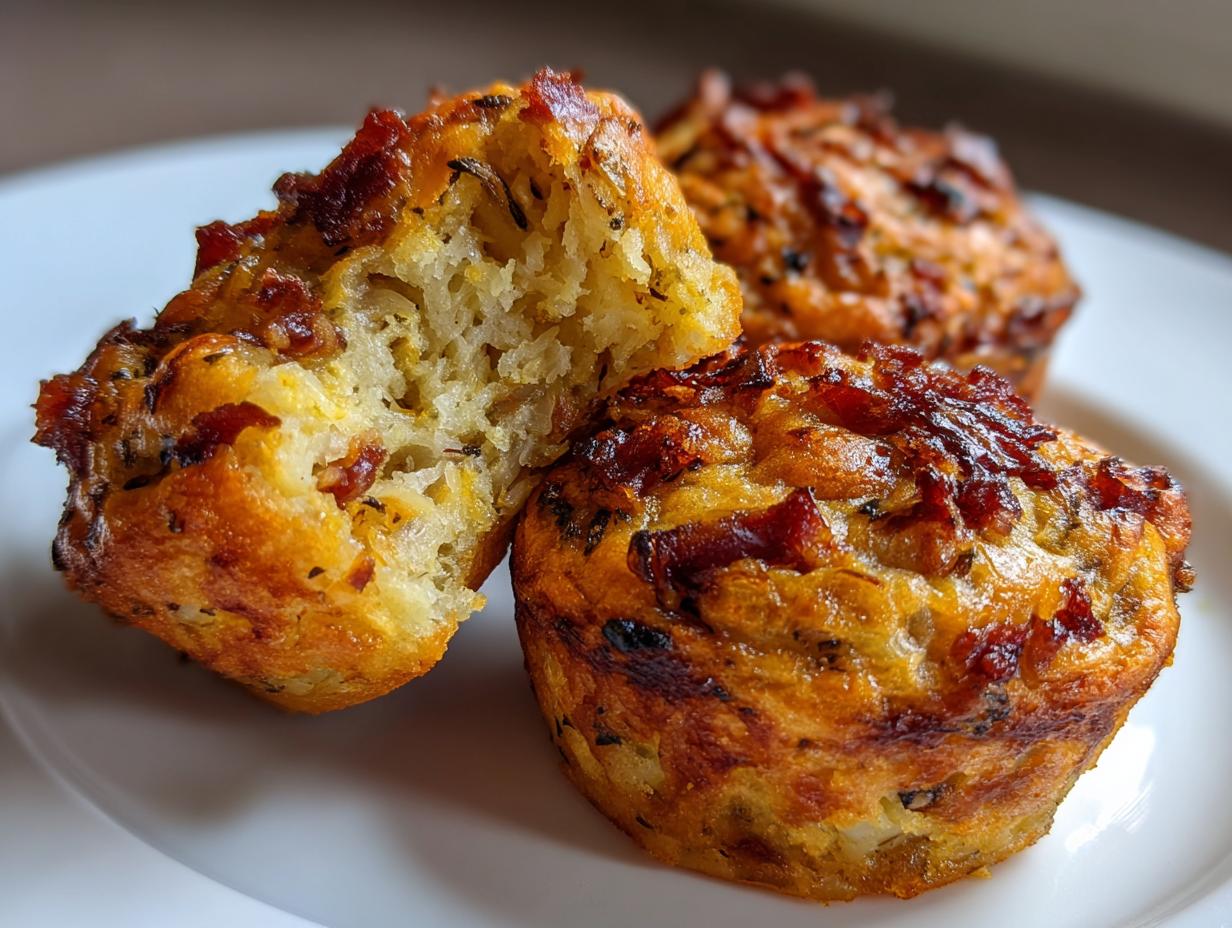 Drei goldbraune Zwiebelkuchen Muffins, einer davon aufgeschnitten, um die fluffige Textur zu zeigen.