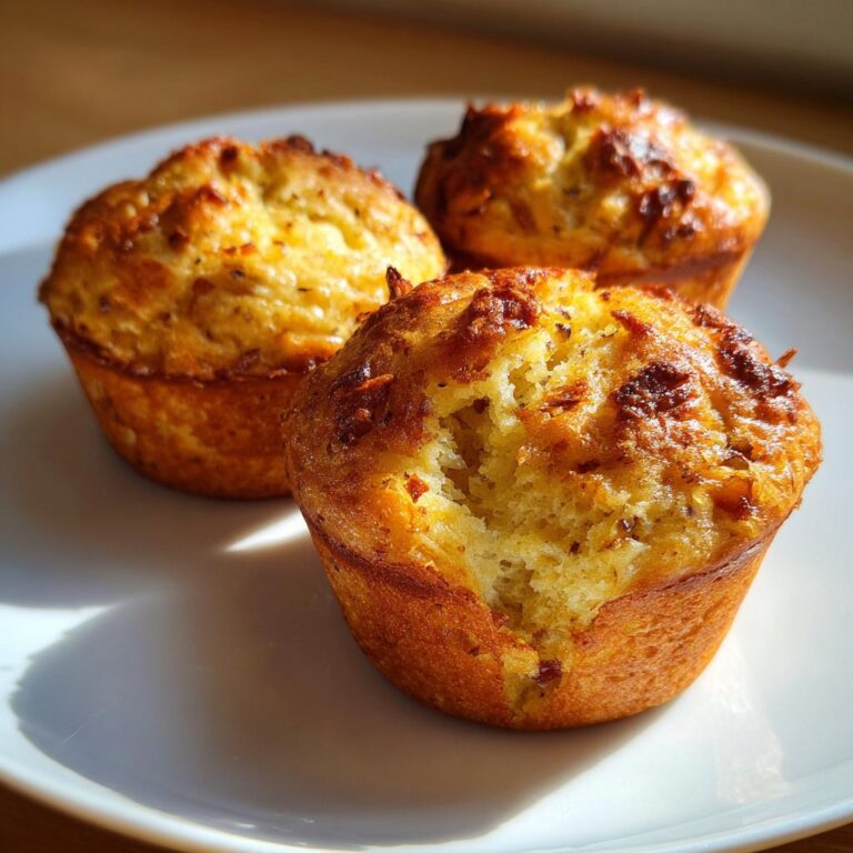 Drei goldbraune Zwiebelkuchen Muffins, einer davon mit einem Bissen herausgenommen, auf einem weißen Teller.
