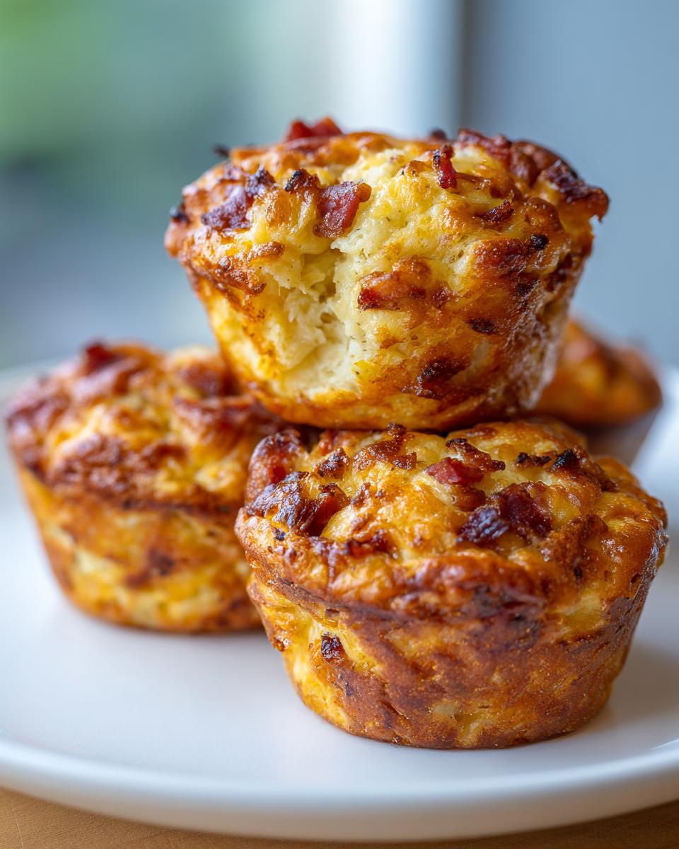 Nahaufnahme von drei goldbraunen Zwiebelkuchen Muffins, belegt mit knusprigem Speck.