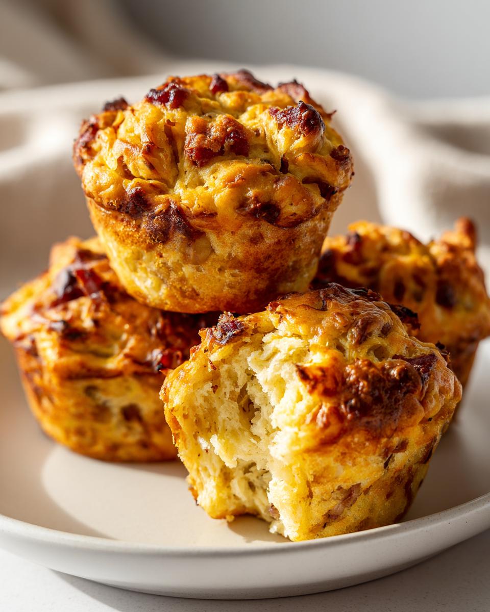Ein Stapel goldbrauner Zwiebelkuchen Muffins, einer davon angebissen, um die fluffige Innenseite zu zeigen.