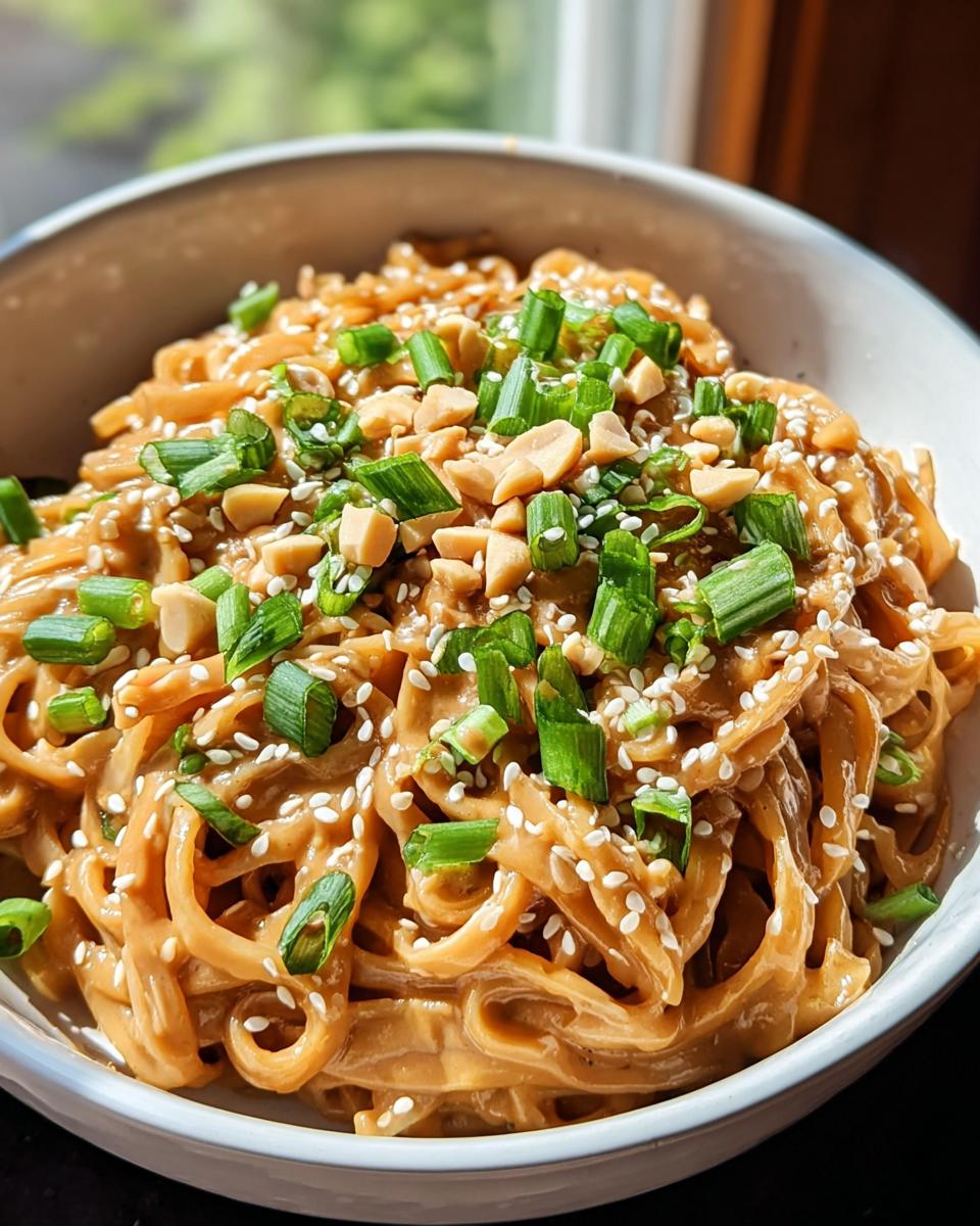 Nahaufnahme von cremigen Asia-Erdnuss-Nudeln mit Gemüse, garniert mit Frühlingszwiebeln und Erdnüssen.