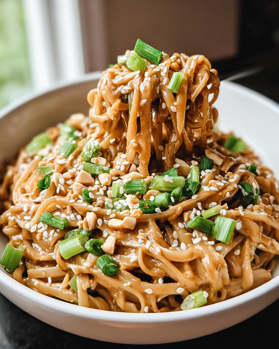 Nahaufnahme von Asia-Erdnuss-Nudeln mit Gemüse, garniert mit Erdnüssen, Sesam und Frühlingszwiebeln.