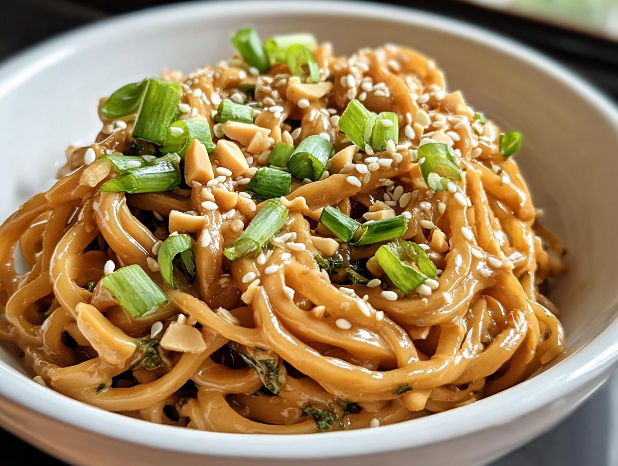 Nahaufnahme von cremigen Asia-Erdnuss-Nudeln mit Gemüse, garniert mit Frühlingszwiebeln und Sesam.