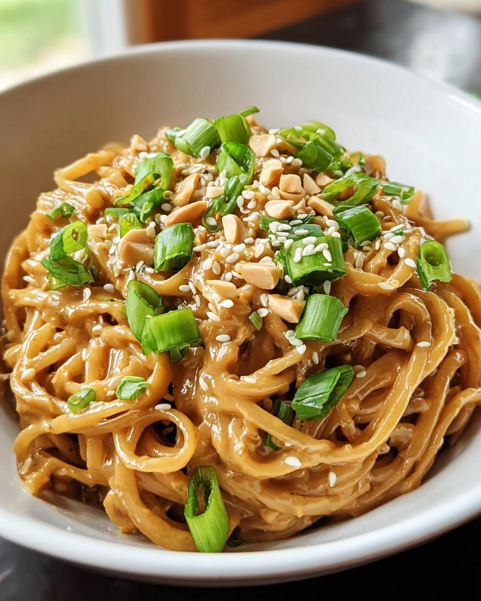 Nahaufnahme von cremigen Asia-Erdnuss-Nudeln mit Gemüse, garniert mit Frühlingszwiebeln und Erdnüssen.