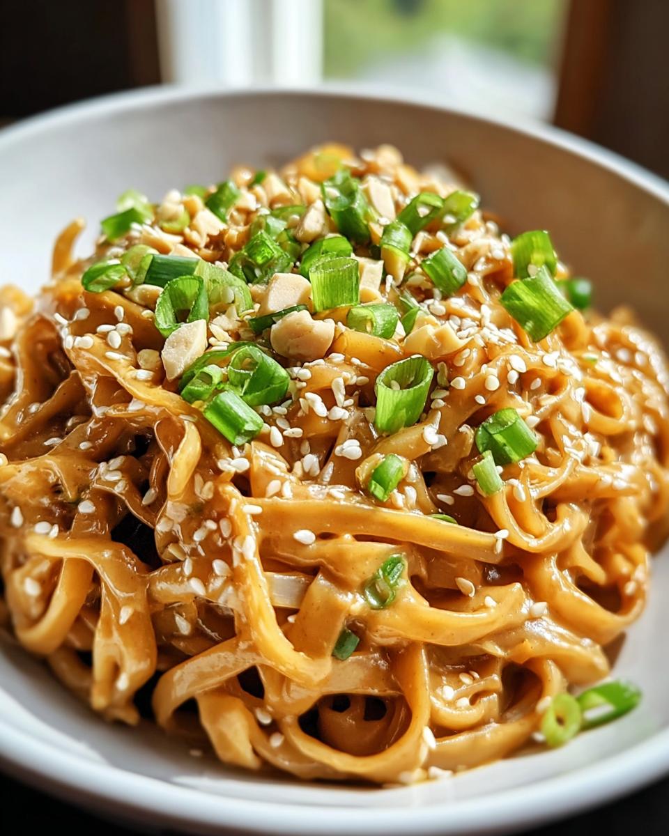 Nahaufnahme von cremigen Asia-Erdnuss-Nudeln mit Gemüse, garniert mit gehackten Erdnüssen und Frühlingszwiebeln.