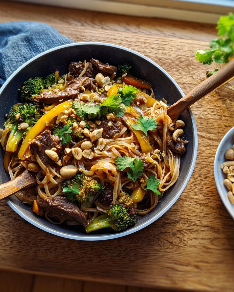 Schüssel mit Asiatische Nudelpfanne mit Teriyaki-Gemüse, Rindfleischstreifen, Brokkoli und Erdnüssen.