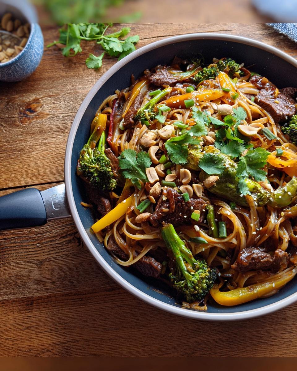 Fertige Asiatische Nudelpfanne mit Teriyaki-Gemüse, Rindfleisch und Erdnüssen in einer Pfanne.