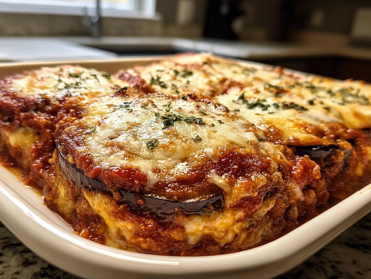 Nahaufnahme von saftigem Auberginen-Parmesan aus dem Ofen mit geschmolzenem Käse und Tomatensauce.