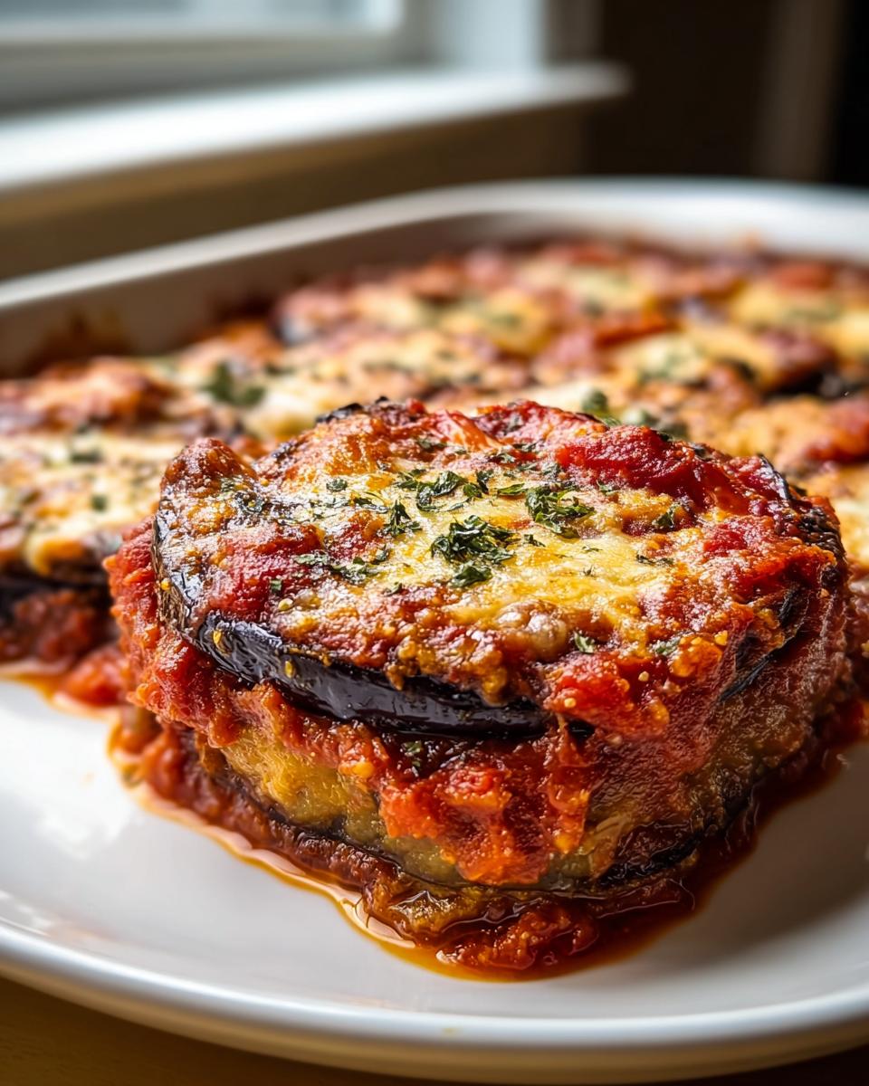Nahaufnahme eines gestapelten Stücks Auberginen-Parmesan aus dem Ofen, bedeckt mit geschmolzenem Käse und Tomatensauce.