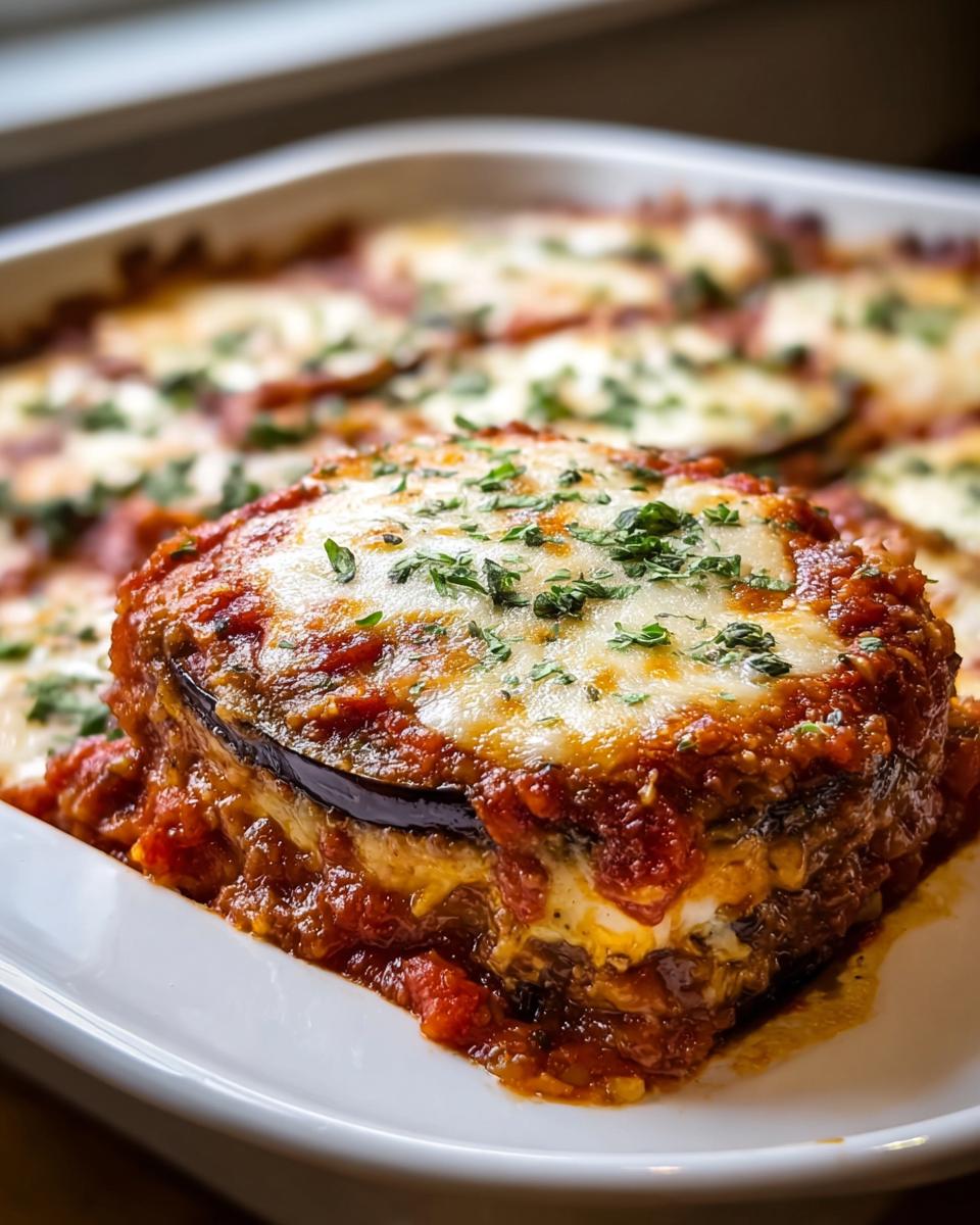 Ein saftiges, geschichtetes Stück Auberginen-Parmesan aus dem Ofen, bedeckt mit geschmolzenem Käse und Petersilie.