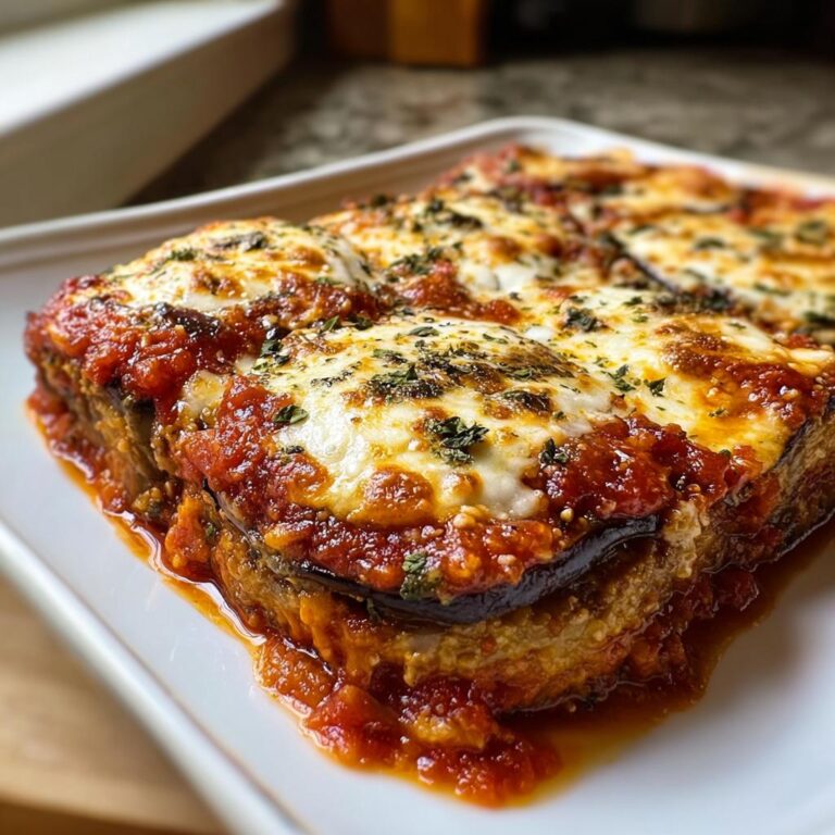 Nahaufnahme eines Stücks Auberginen-Parmesan aus dem Ofen mit geschmolzenem Käse und Tomatensauce.