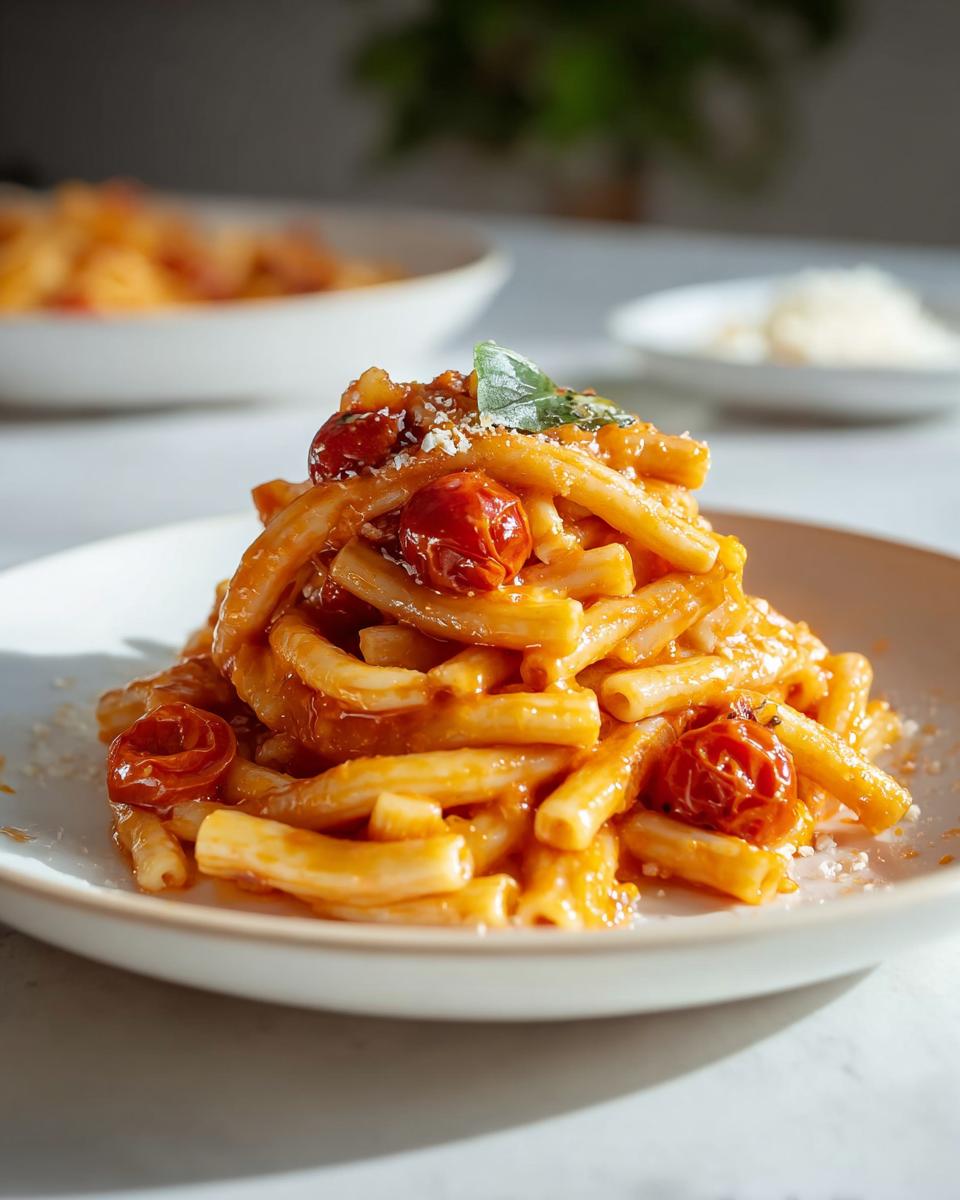 Close-up of creamy Baked Feta Pasta (TikTok-Style) served on a white plate, topped with roasted cherry tomatoes and basil.