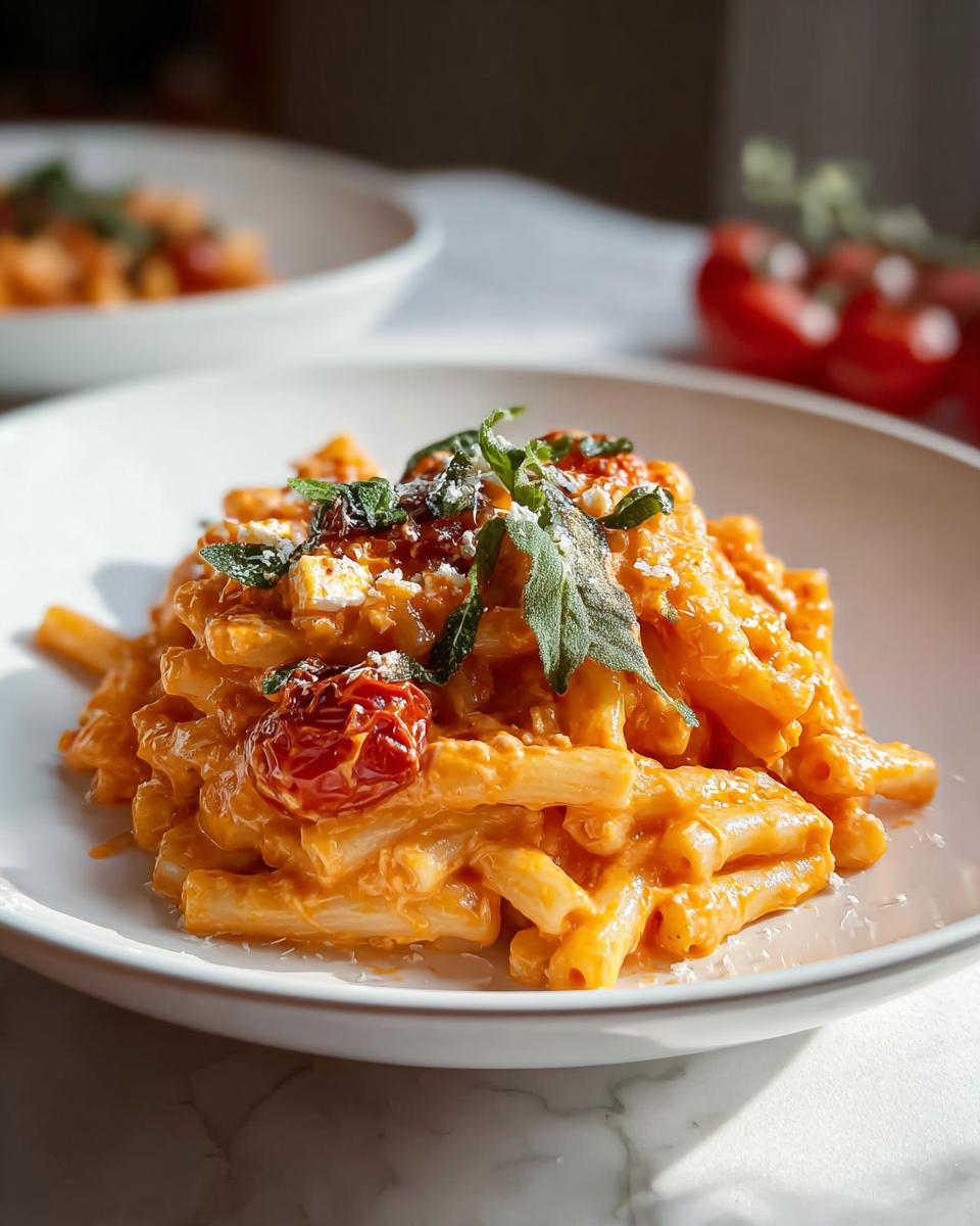 Nahaufnahme von cremiger Baked Feta Pasta (TikTok-Style) mit zerbröseltem Feta und Kräutern.