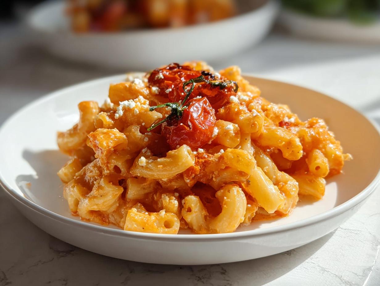 Nahaufnahme von cremiger Baked Feta Pasta (TikTok-Style) mit gebackenen Kirschtomaten und zerbröseltem Feta.
