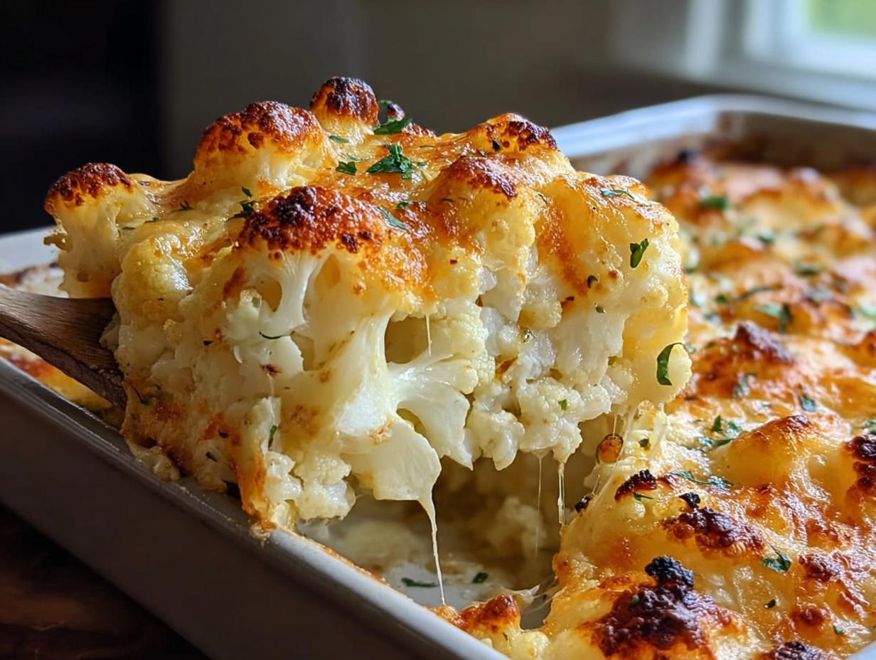 Ein Stück cremiger Blumenkohl-Käse-Auflauf wird mit einem Holzlöffel aus der Auflaufform gehoben, mit geschmolzenem Käse.