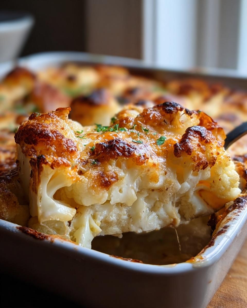 Ein Stück cremiger Blumenkohl-Käse-Auflauf wird aus der Auflaufform gehoben, mit goldbraun gebackenem Käse überbacken.