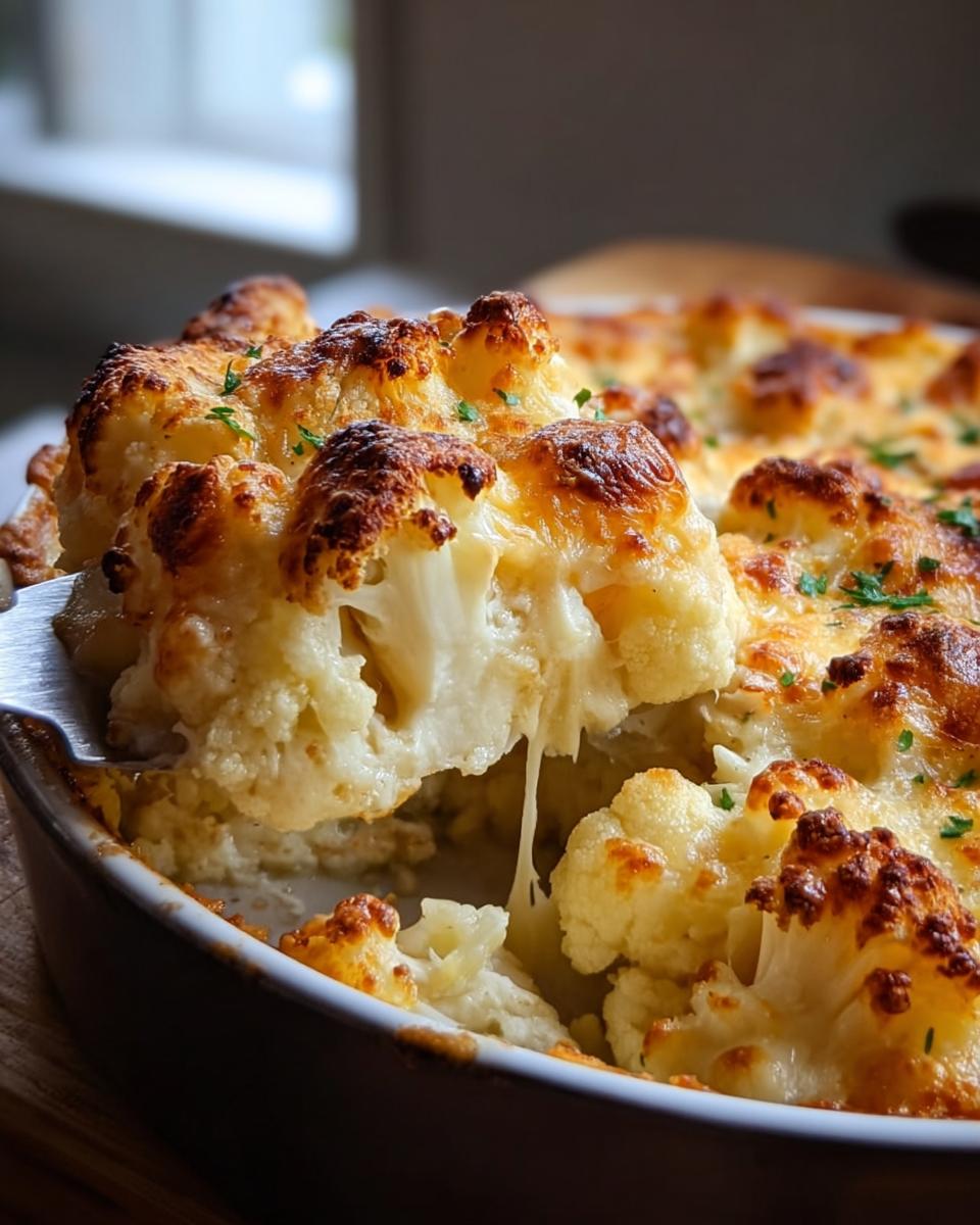 Eine Portion Blumenkohl-Käse-Auflauf wird mit einem Löffel herausgehoben, wobei der geschmolzene Käse Fäden zieht.