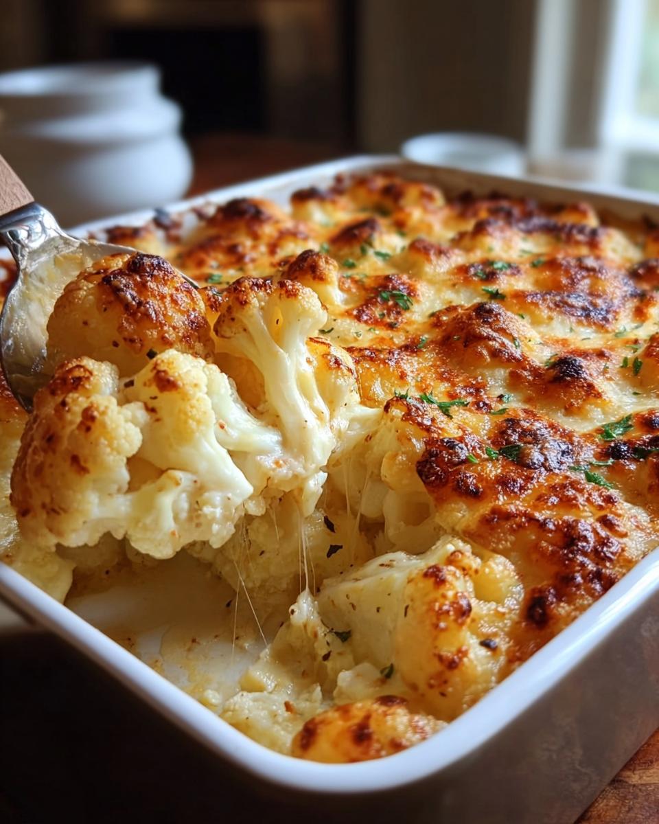 Eine Portion Blumenkohl-Käse-Auflauf wird mit einem Löffel aus der Auflaufform gehoben, wobei der Käse Fäden zieht.