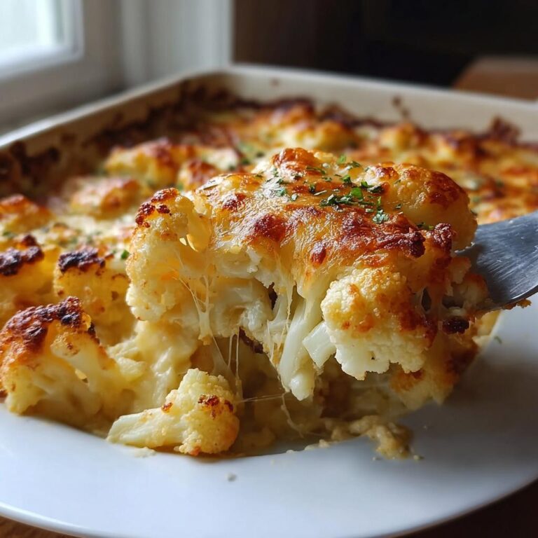 Ein Stück Blumenkohl-Käse-Auflauf wird mit einer Gabel herausgehoben, wobei lange Käsefäden sichtbar sind.