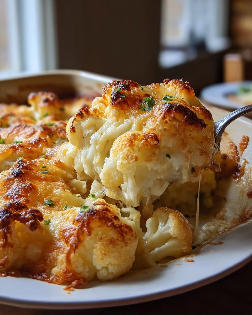 Ein Löffel hebt ein Stück cremigen Blumenkohl-Käse-Auflauf mit goldbrauner Käsekruste hervor.