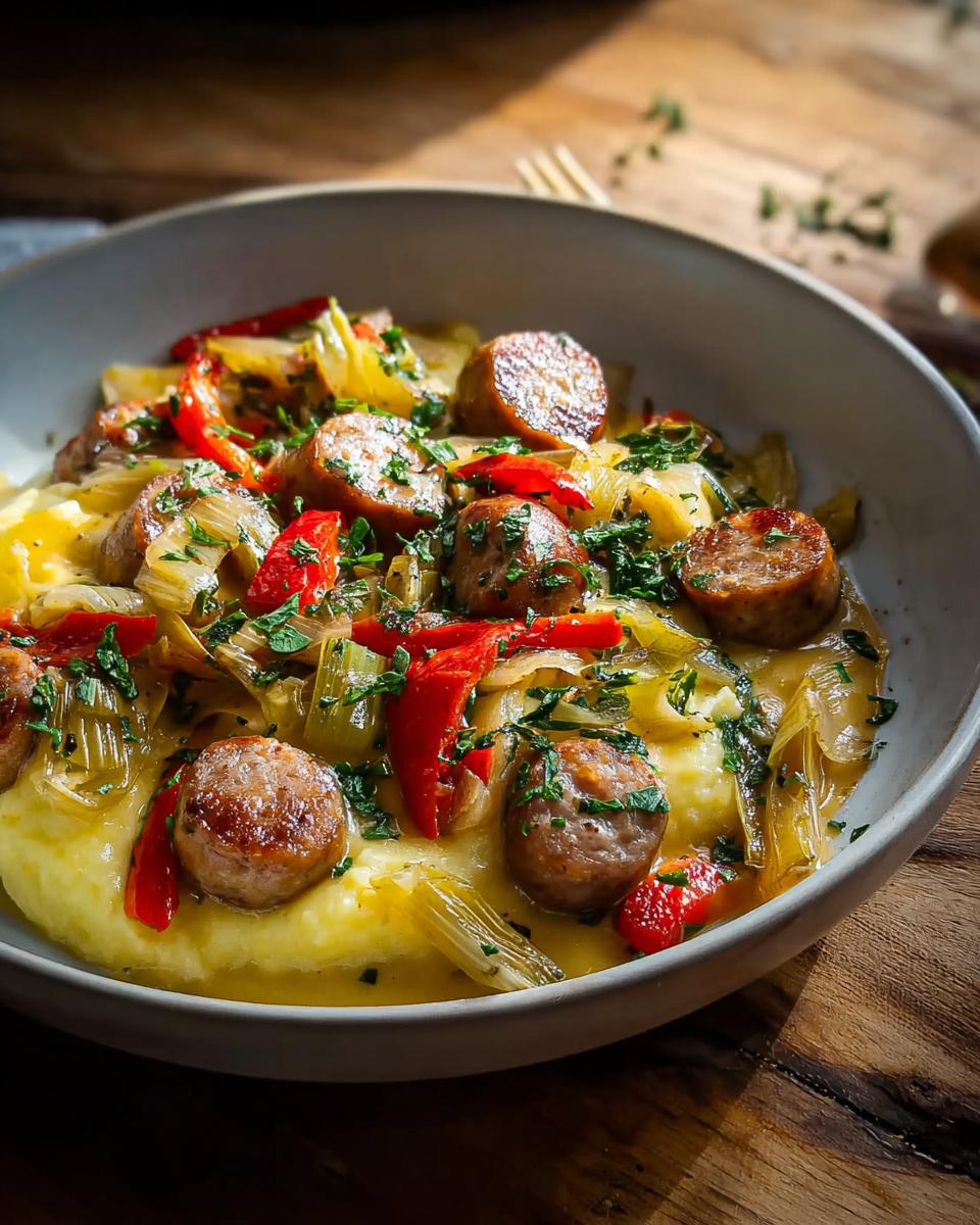 Garnierte Bratwurst mit Kartoffelstampf und sautiertem Gemüse in einer Schüssel.