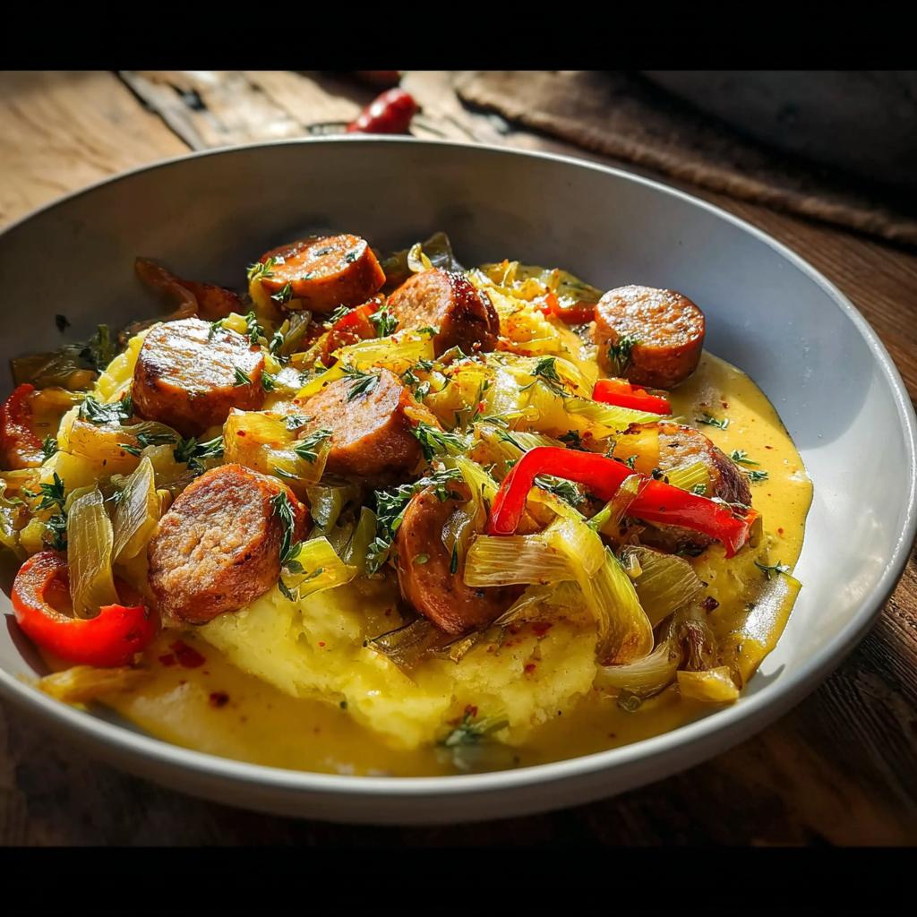 Teller mit Bratwurst mit Kartoffelstampf & Senfsauce, garniert mit gebratenem Lauch und Paprika.