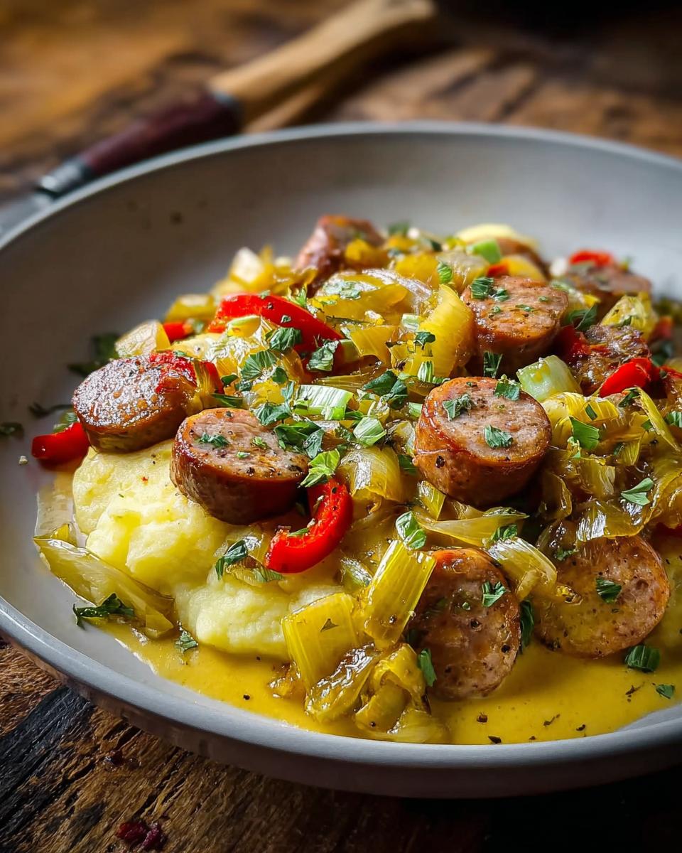 Teller mit Bratwurst mit Kartoffelstampf & Senfsauce, garniert mit gebratenem Lauch und Paprika.
