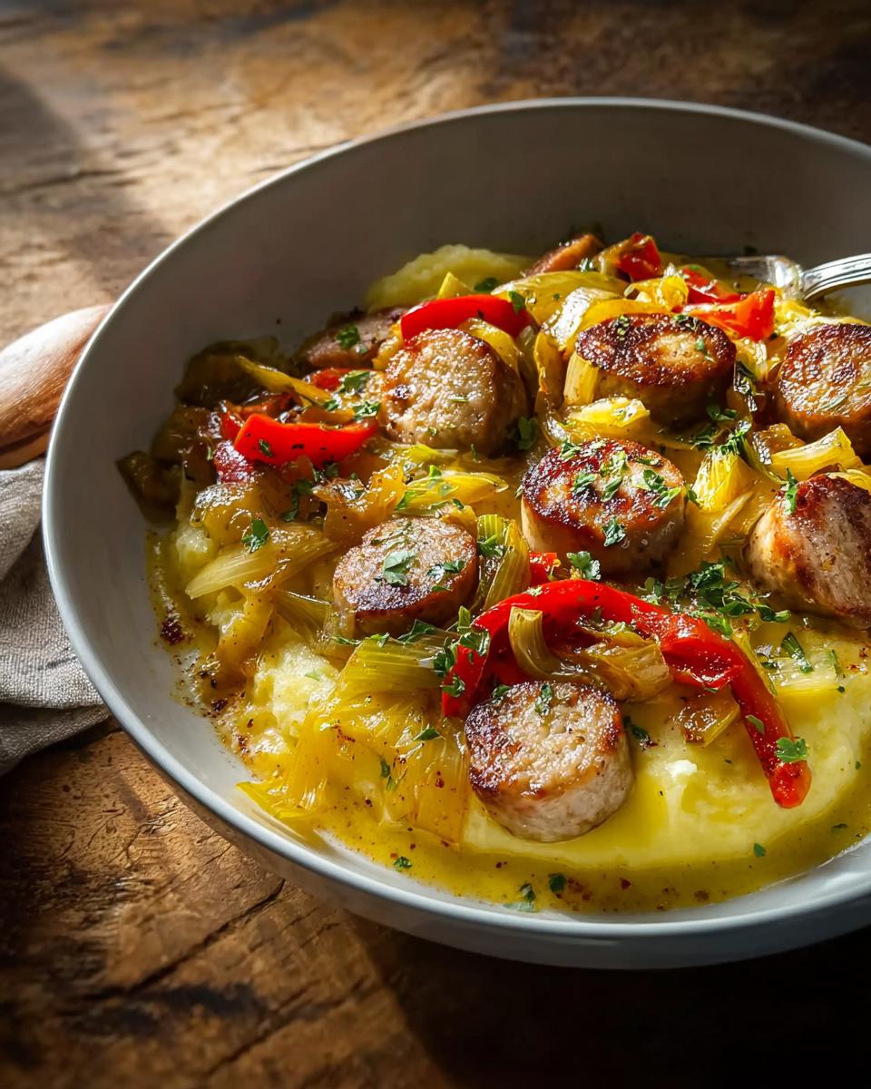 Gebratene Bratwurstscheiben auf cremigem Kartoffelstampf mit sautiertem Lauch und roter Paprika, serviert mit Senfsauce.