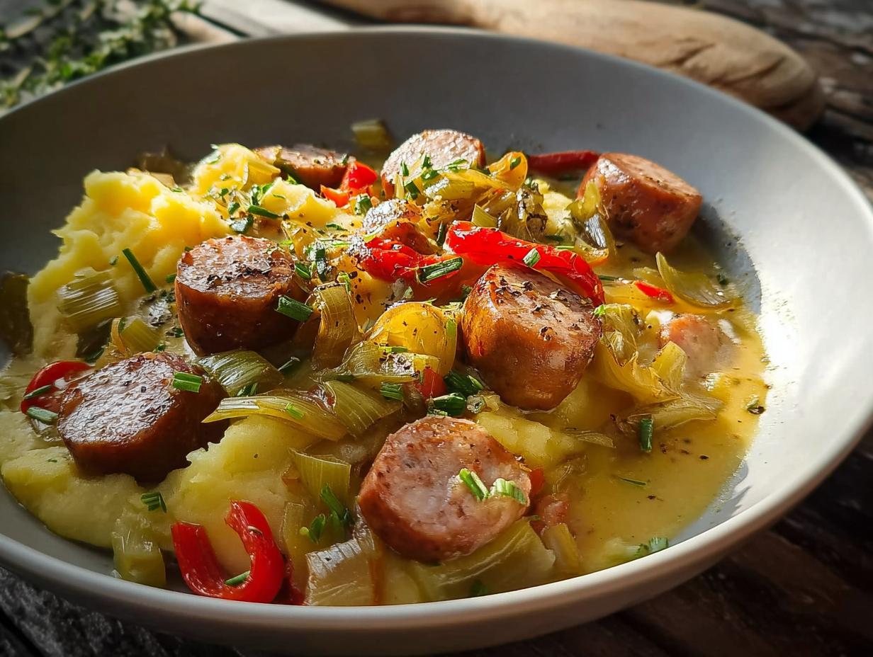 Teller mit Bratwurst mit Kartoffelstampf & Senfsauce, garniert mit Lauch und Paprika.