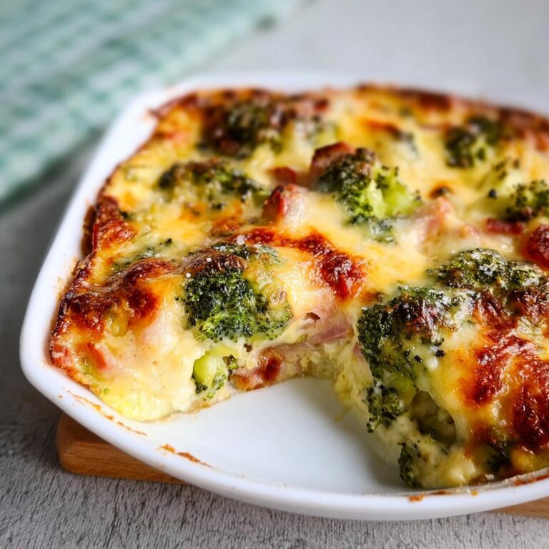 Nahaufnahme eines cremigen Brokkoli-Schinken-Gratin mit goldbraun überbackener Käsekruste in einer weißen Auflaufform.