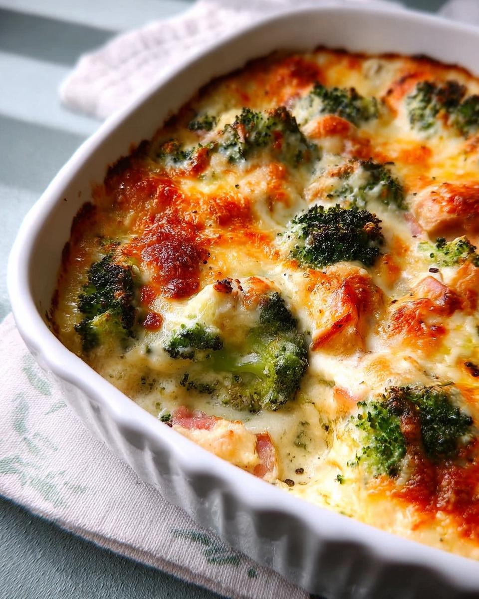 Nahaufnahme von einem frisch gebackenen Brokkoli-Schinken-Gratin mit goldbraun überbackenem Käse in einer weißen Auflaufform.