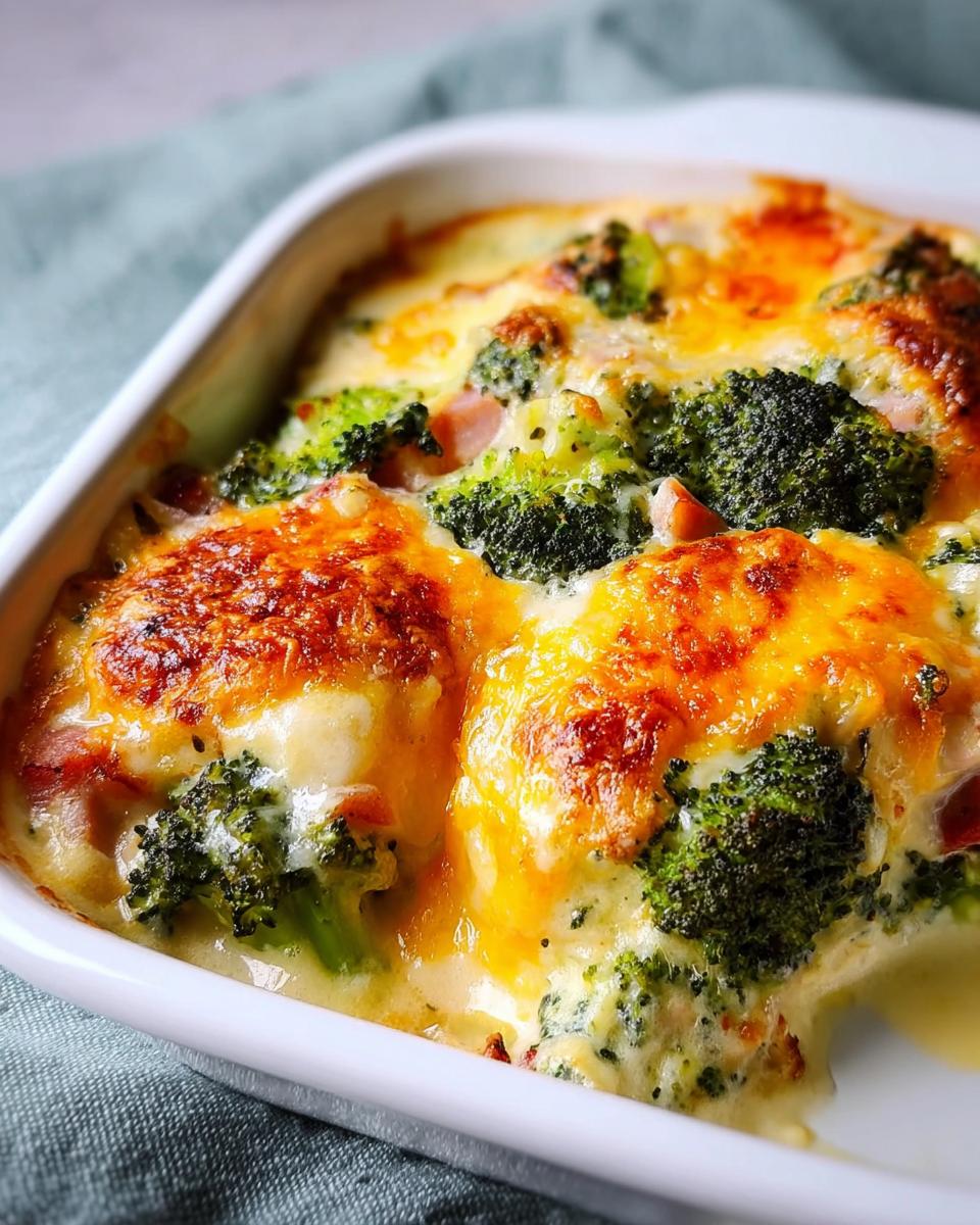 Nahaufnahme eines frisch gebackenen Brokkoli-Schinken-Gratin mit goldbraun überbackener Käsekruste.